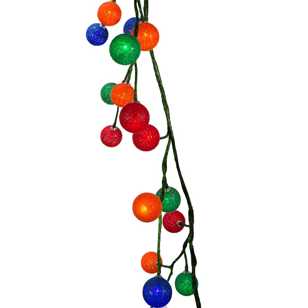 6' 48-Light Multicolored Cotton Balls With Warm White LED Lights Green Vine Garland