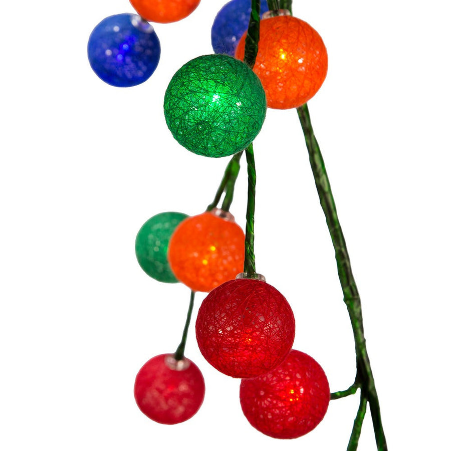 6' 48-Light Multicolored Cotton Balls With Warm White LED Lights Green Vine Garland
