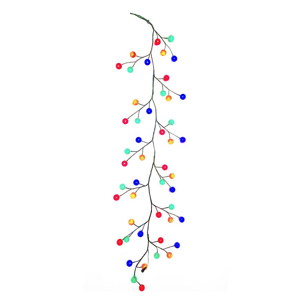 6' 48-Light Multicolored Cotton Balls With Warm White LED Lights Green Vine Garland