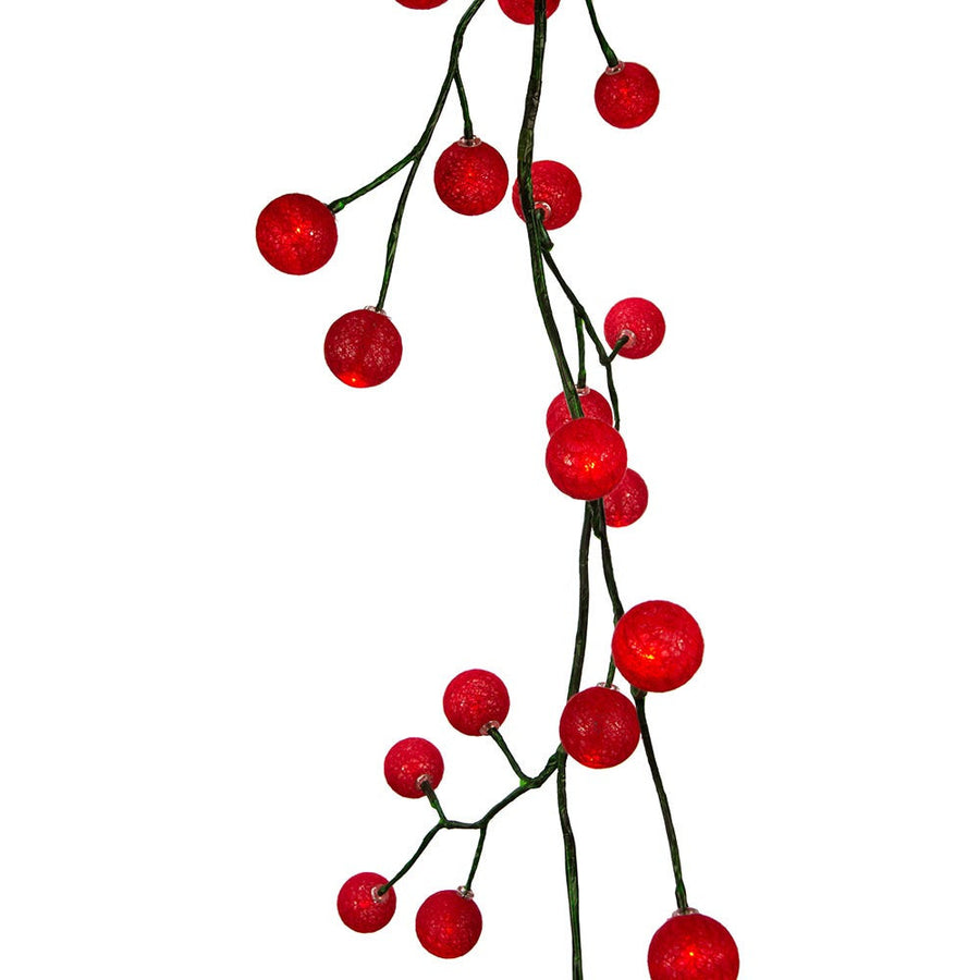 6' 48-Light Red Cotton Balls With Warm White LED Lights Green Vine Garland