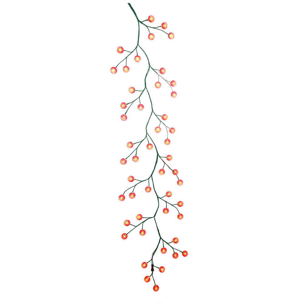 6' 48-Light Red Cotton Balls With Warm White LED Lights Green Vine Garland