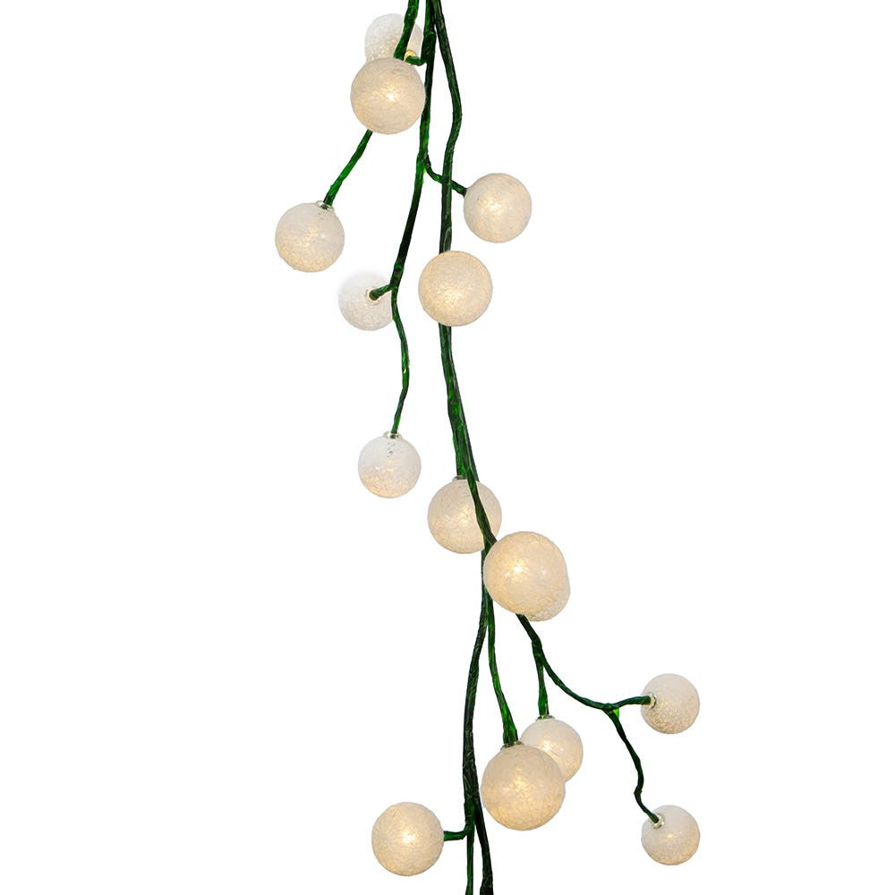 6' 48-Light White Cotton Balls With Warm White LED Lights Green Vine Garland