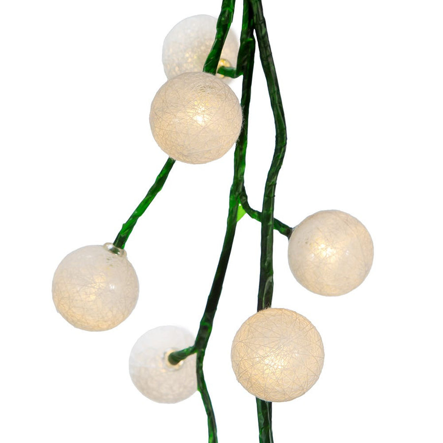 6' 48-Light White Cotton Balls With Warm White LED Lights Green Vine Garland