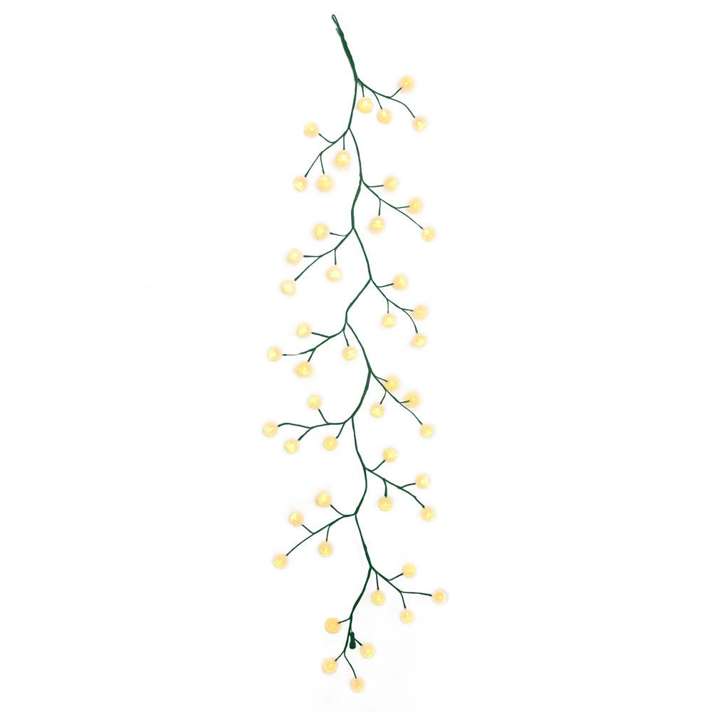 6' 48-Light White Cotton Balls With Warm White LED Lights Green Vine Garland