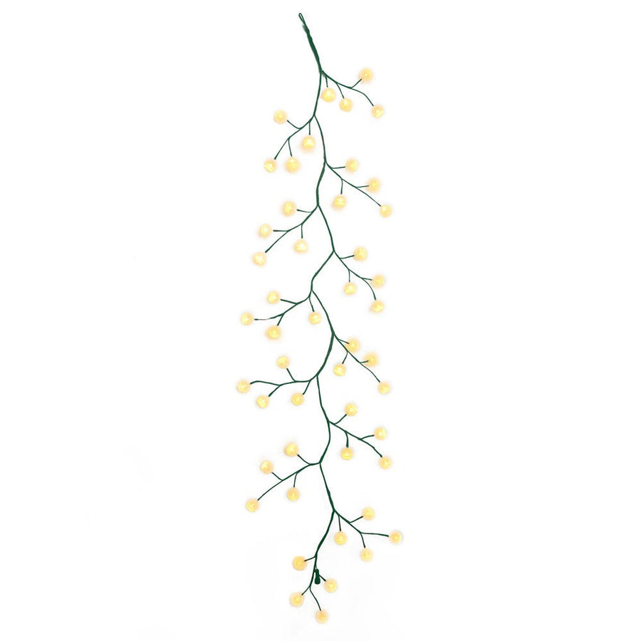 6' 48-Light White Cotton Balls With Warm White LED Lights Green Vine Garland