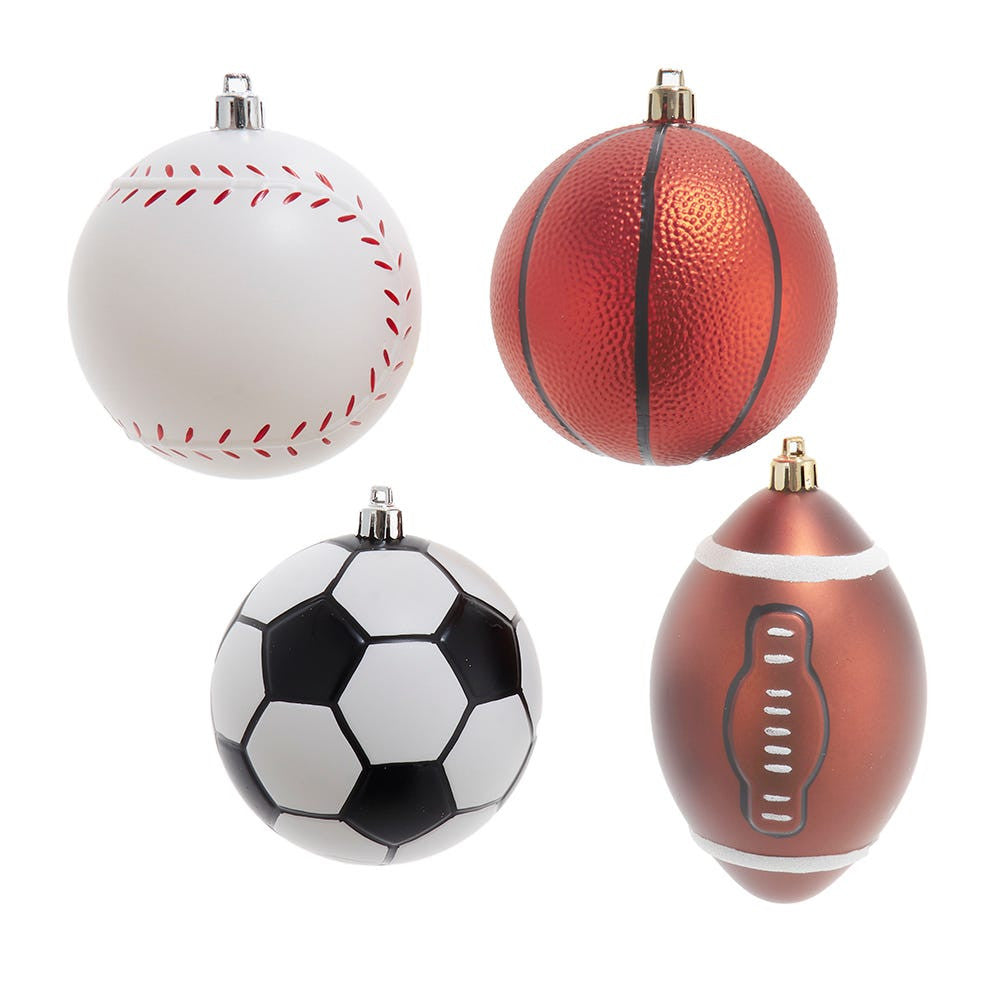 100MM Shatterproof Sports Ball Ornaments, 4 Assorted