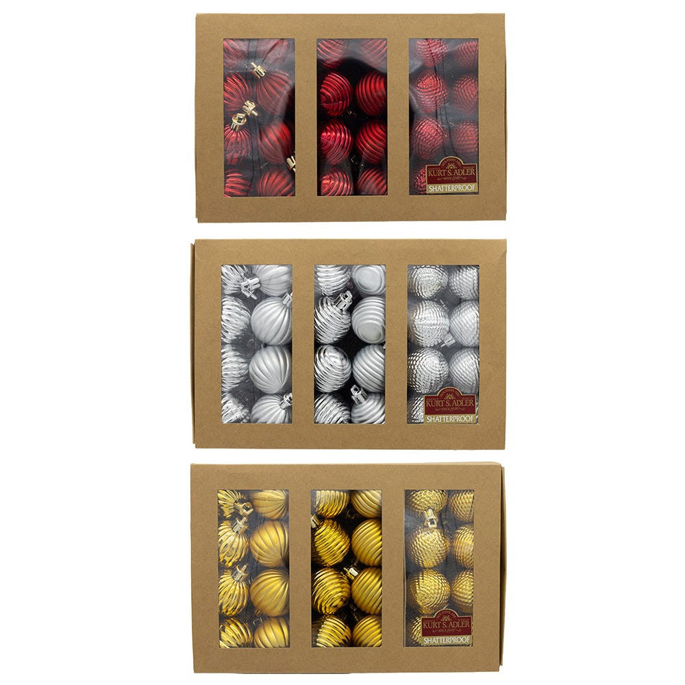 40MM Gold, Silver & Red Textured Ball Ornaments, 24-Piece Box