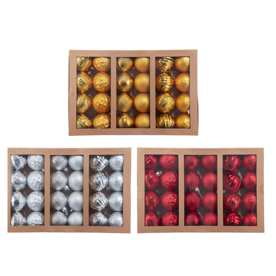 60MM Shatterproof Red, Silver & Gold Texturized Ball Ornaments, 24-Piece Box