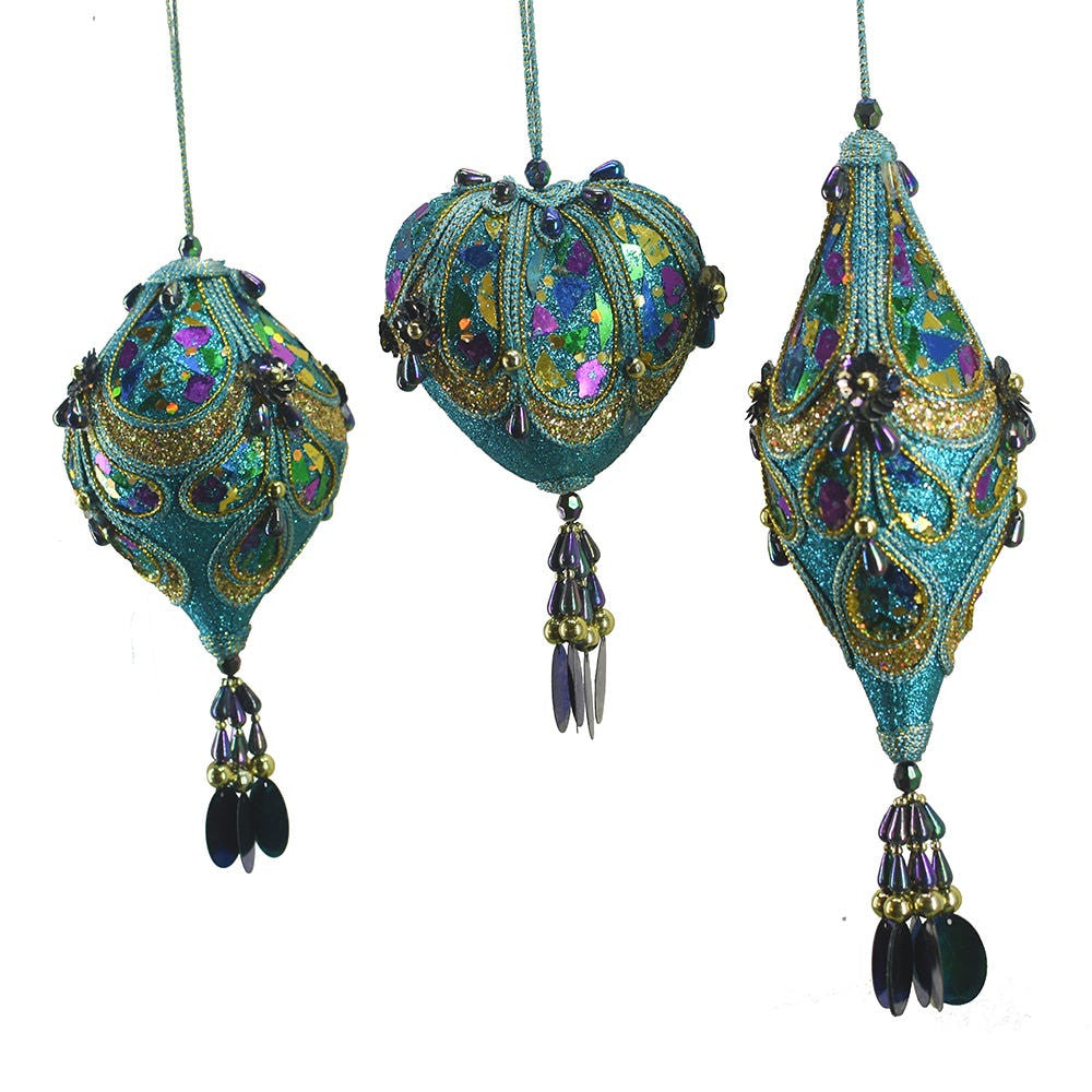 Peacock Heart, Onion and Finial Shaped Ornaments