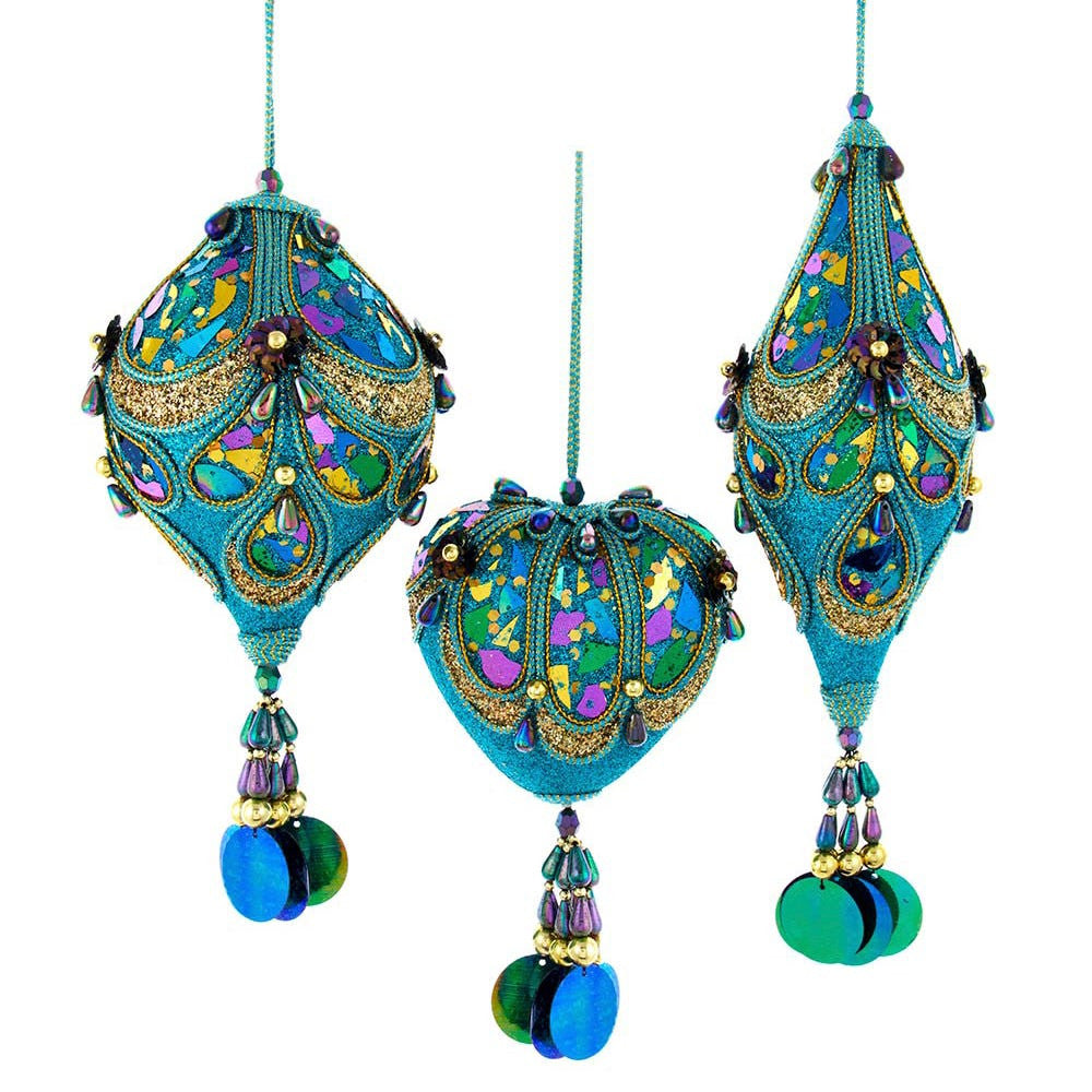 Peacock Heart, Onion and Finial Shaped Ornaments