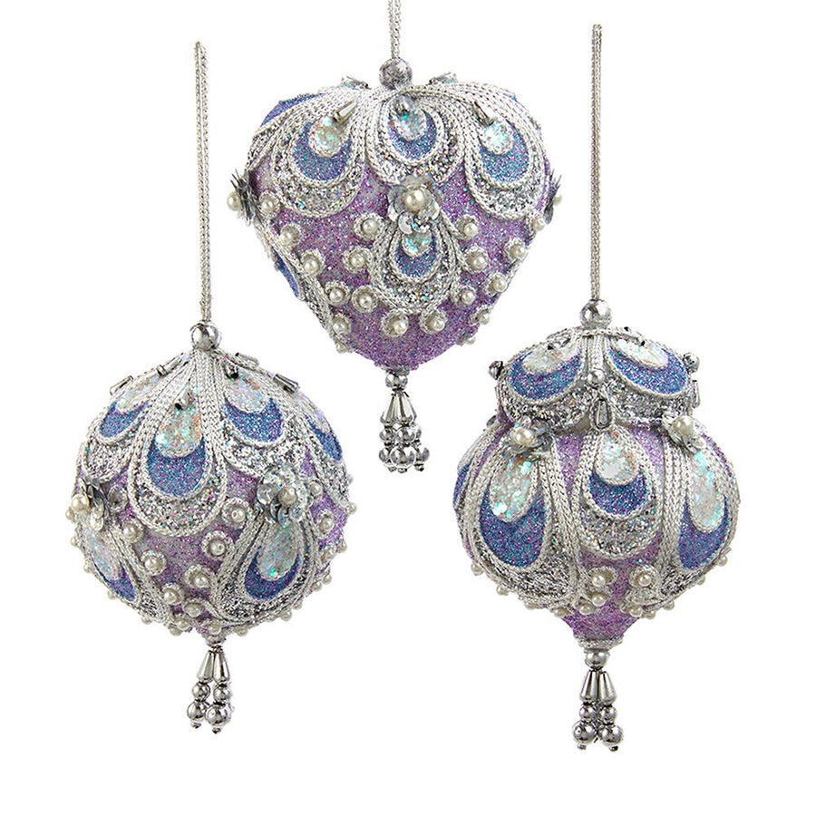 Lavender, Blue and Silver Ball, Finial and Heart Ornaments