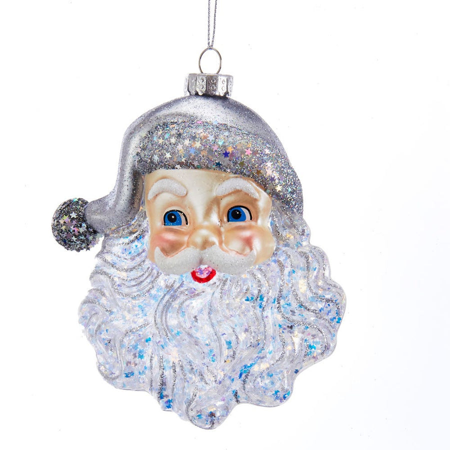 Glass Santa Face With Silver Glitter Ornament