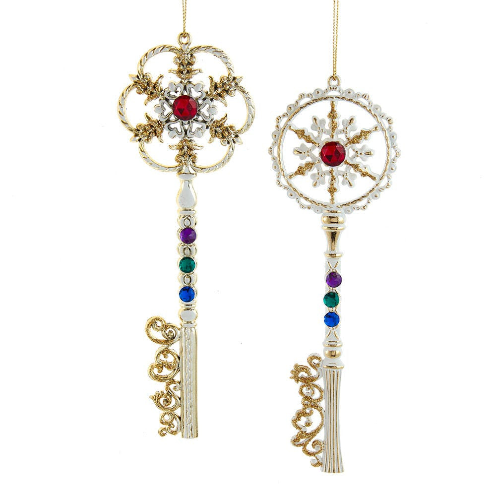 White and Gold Jeweled Key Ornaments