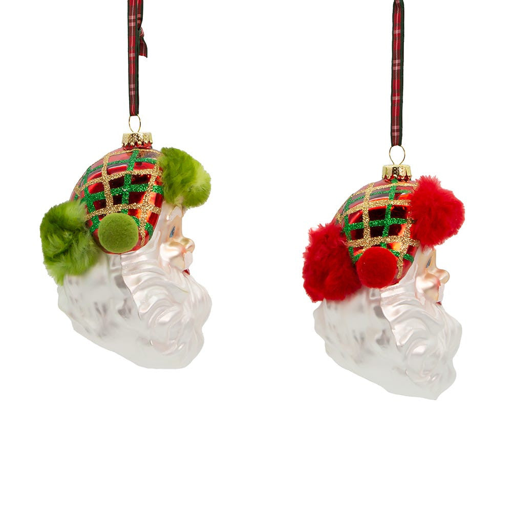 Glass Red & Green Plaid Santa Head Ornaments