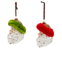 Glass Red & Green Plaid Santa Head Ornaments