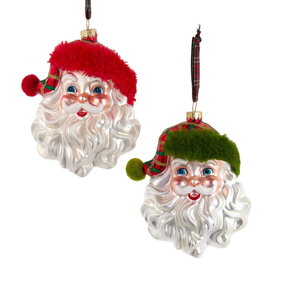 Glass Red & Green Plaid Santa Head Ornaments