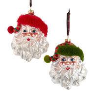 Glass Red & Green Plaid Santa Head Ornaments