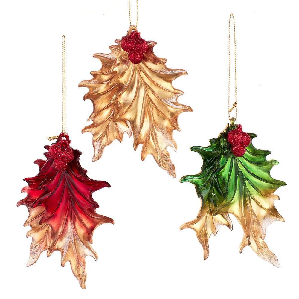 Red, Green and Gold Holly Leaf Ornaments