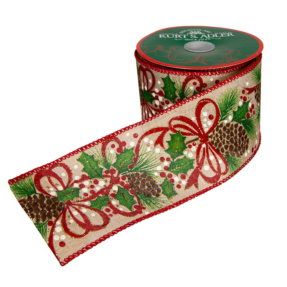 Tan With Red & Green Leaf Patterned Dot Double Wire Ribbon