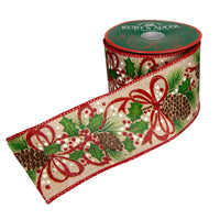 Tan With Red & Green Leaf Patterned Dot Double Wire Ribbon