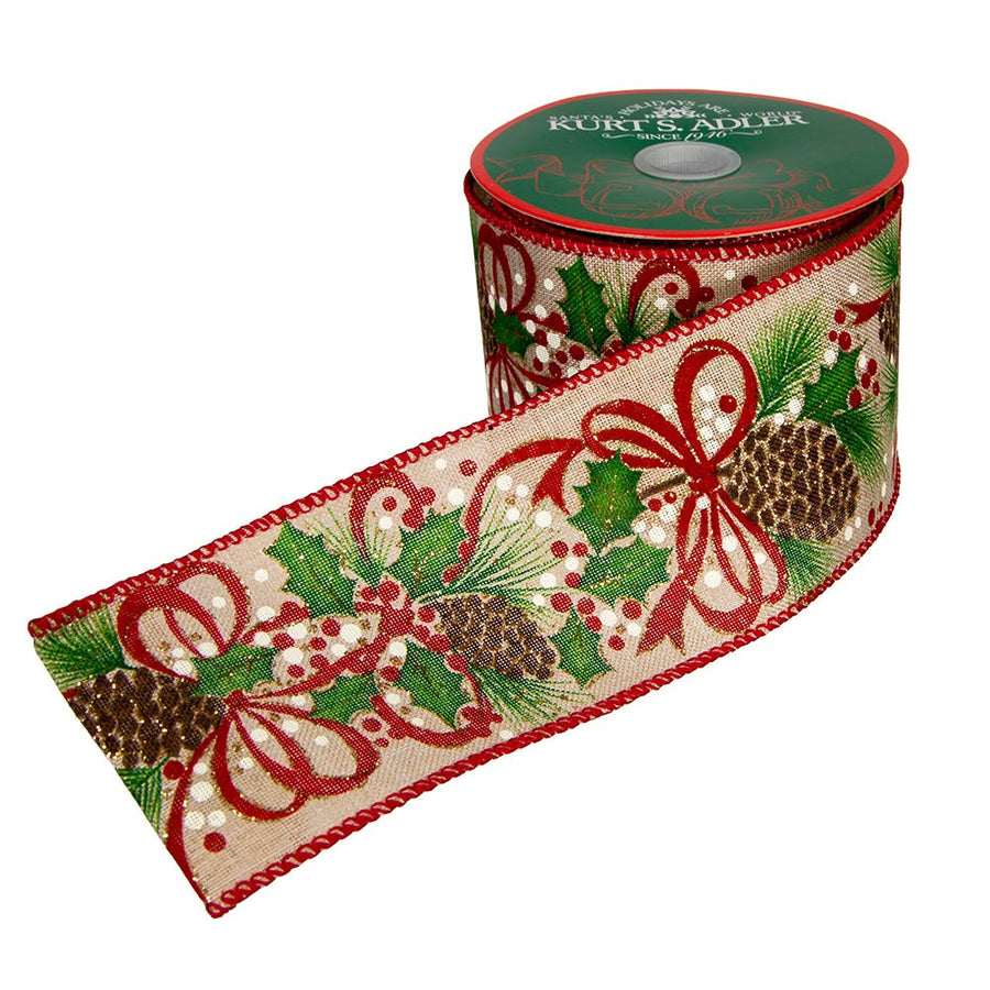 Tan With Red & Green Leaf Patterned Dot Double Wire Ribbon
