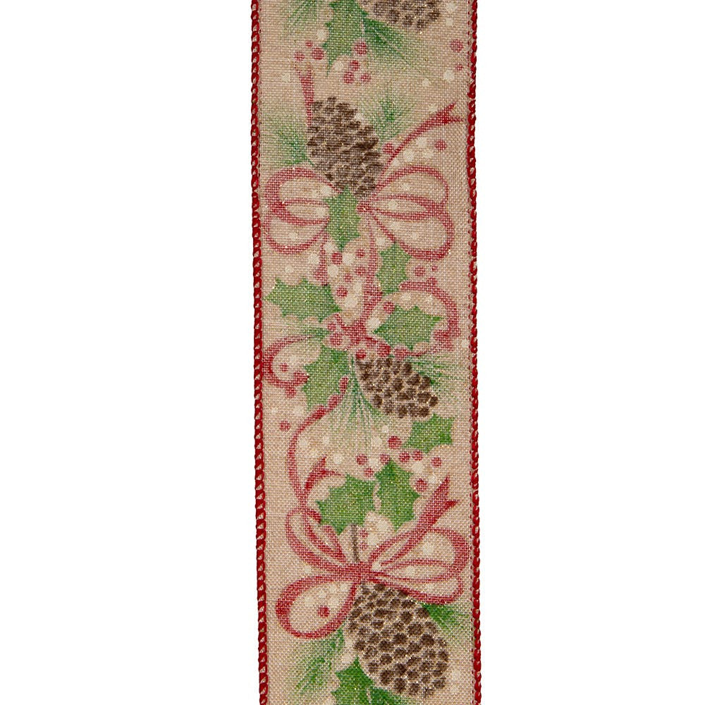 Tan With Red & Green Leaf Patterned Dot Double Wire Ribbon