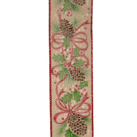 Tan With Red & Green Leaf Patterned Dot Double Wire Ribbon