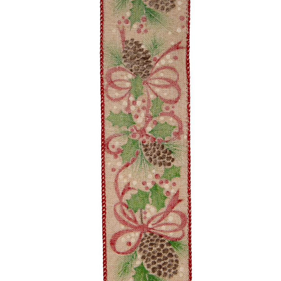 Tan With Red & Green Leaf Patterned Dot Double Wire Ribbon