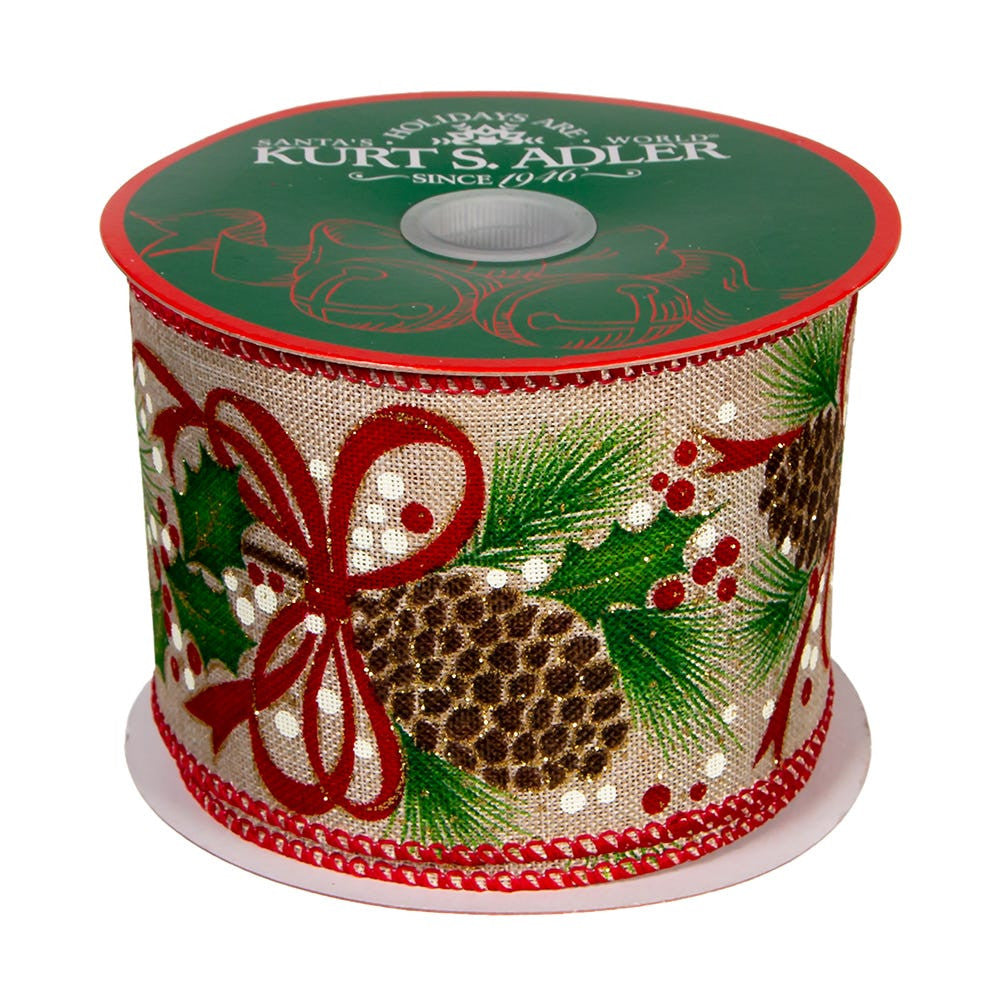Tan With Red & Green Leaf Patterned Dot Double Wire Ribbon