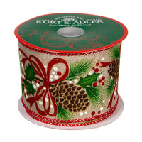 Tan With Red & Green Leaf Patterned Dot Double Wire Ribbon