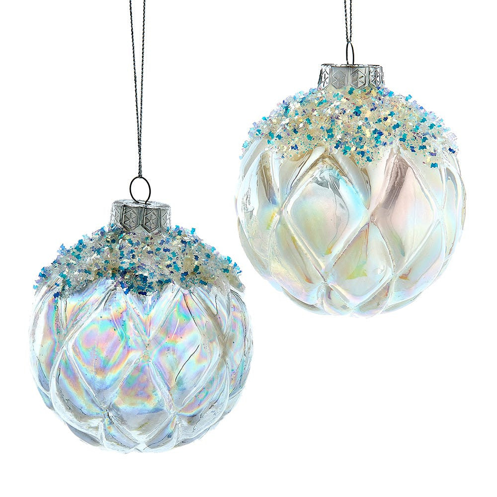 100MM Glass White & Clear Glittered Ball Ornaments