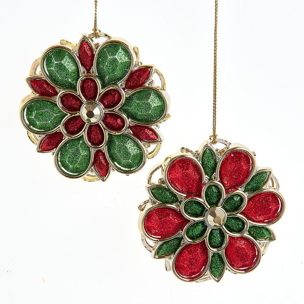 Red & Green Glittered Flower Ornaments