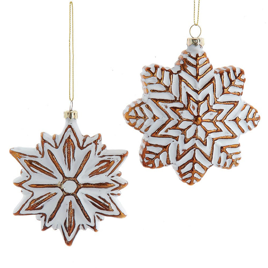 Glass Distressed White & Gold Snowflake Ornaments