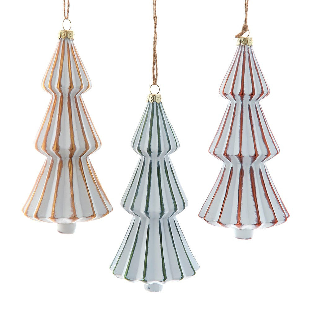 Glass Distressed White With Gold, Brown & Green Tree Ornaments