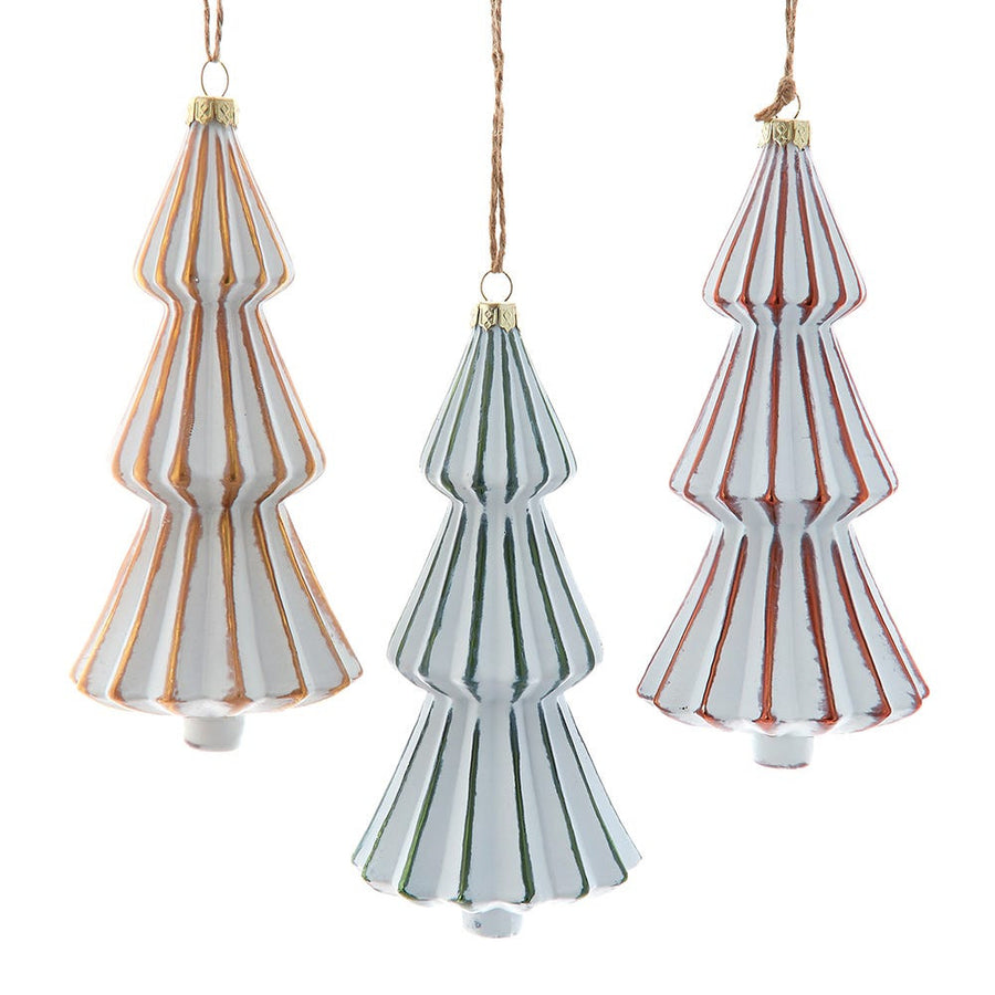 Glass Distressed White With Gold, Brown & Green Tree Ornaments