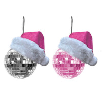 60MM Silver & Pink Mirror Ball With Pink Santa Hat Ornaments