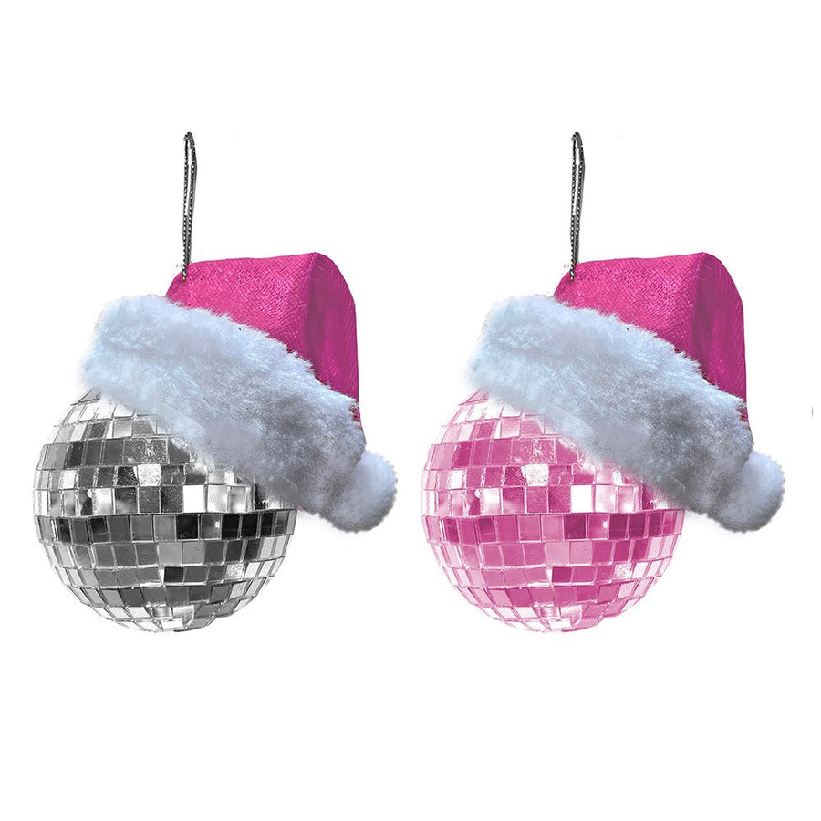60MM Silver & Pink Mirror Ball With Pink Santa Hat Ornaments
