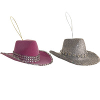 Pink and Silver Flocked Cowgirl Hat Ornaments