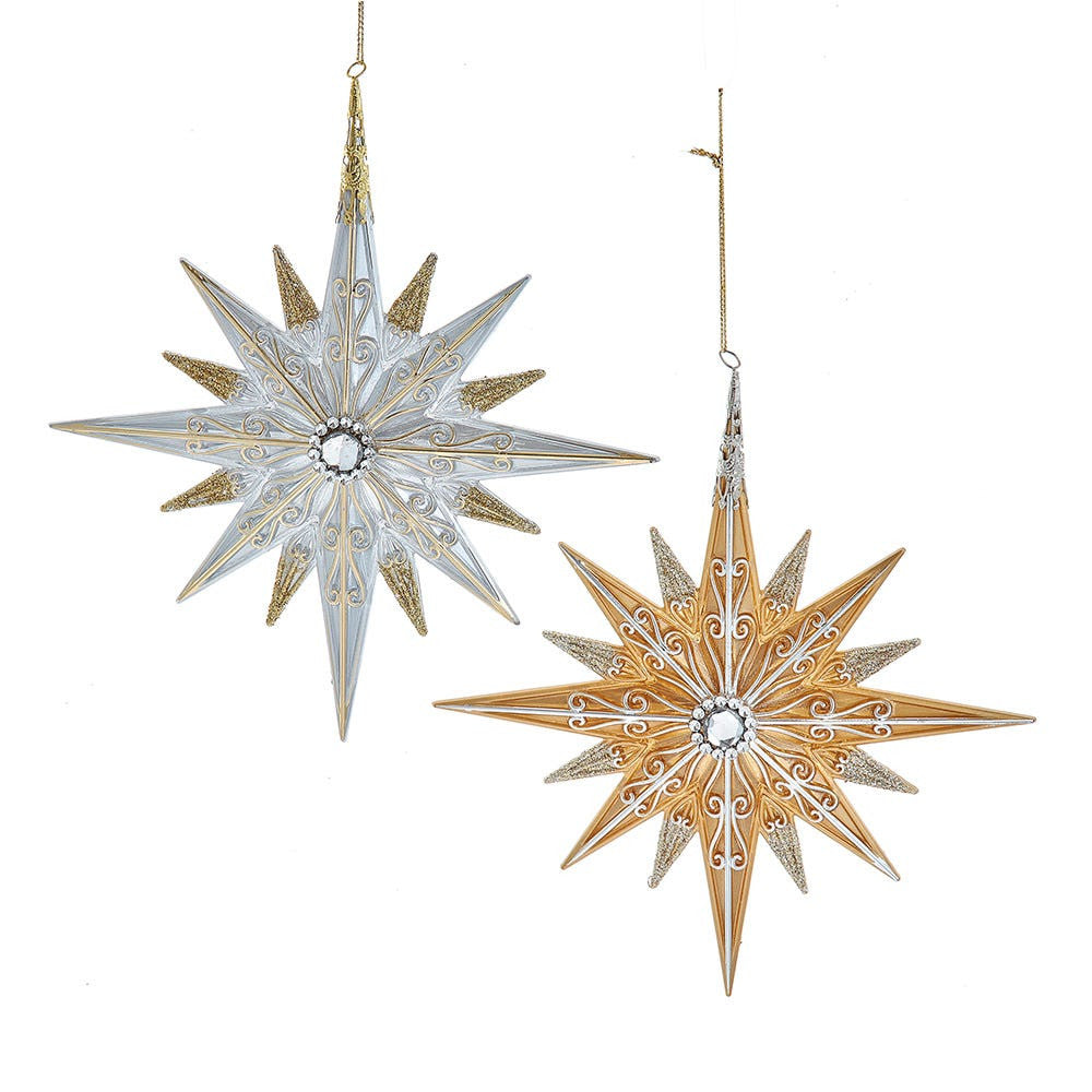 Gold & Silver Star With Clear Gem Center Ornaments