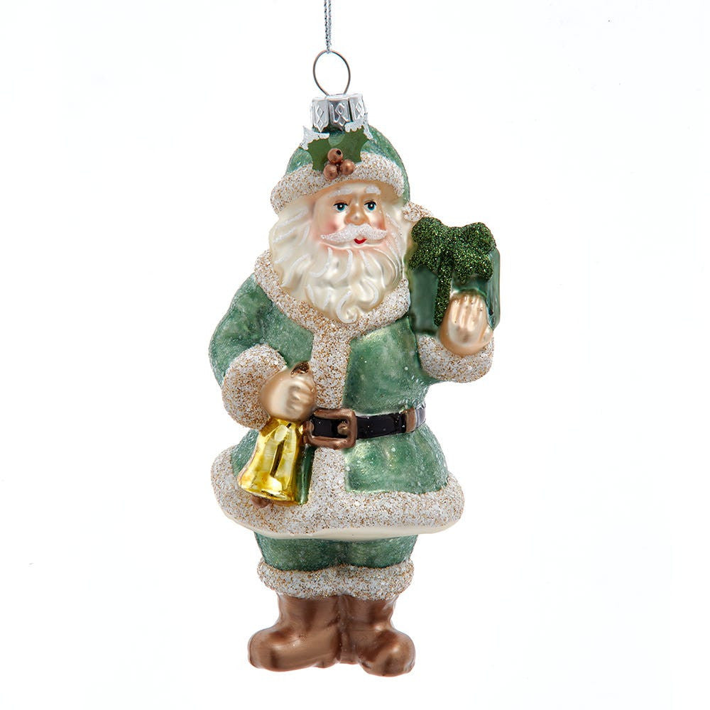 Glass Green Santa With Gift Ornament