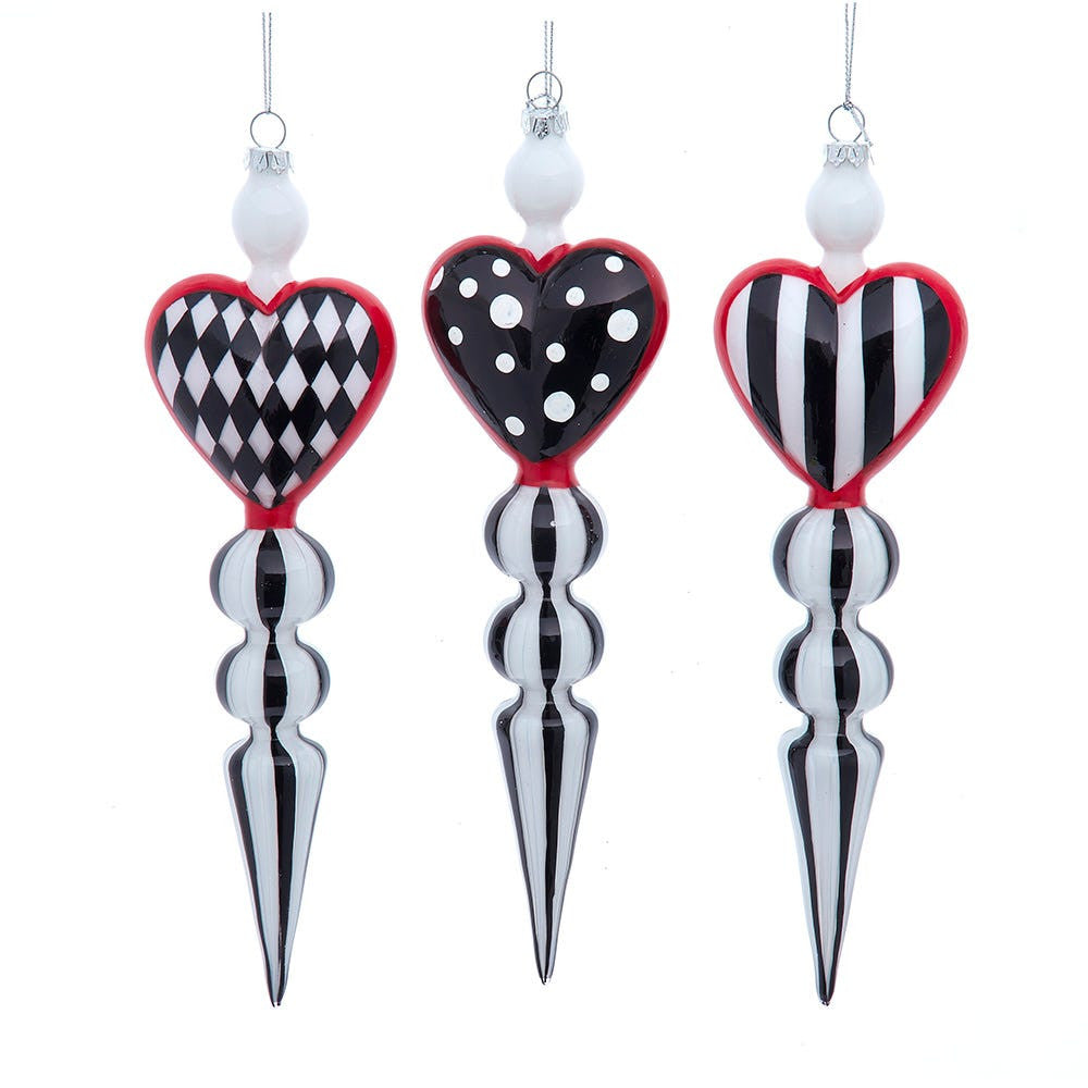 Glass Black, White & Red Heart Pattern Icicle Ornaments