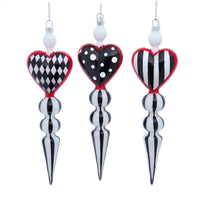 Glass Black, White & Red Heart Pattern Icicle Ornaments
