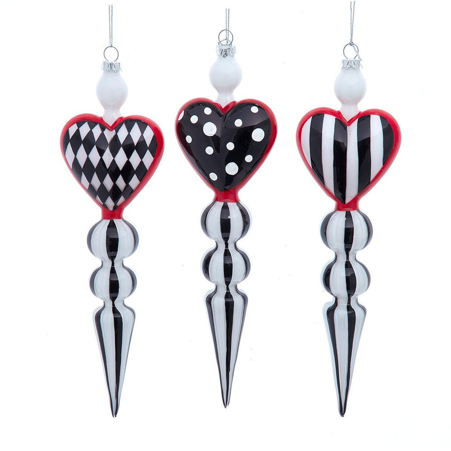 Glass Black, White & Red Heart Pattern Icicle Ornaments