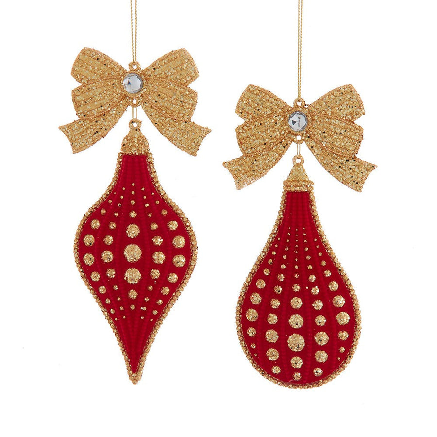 Red & Gold Flocked Drop With Bow Ornaments