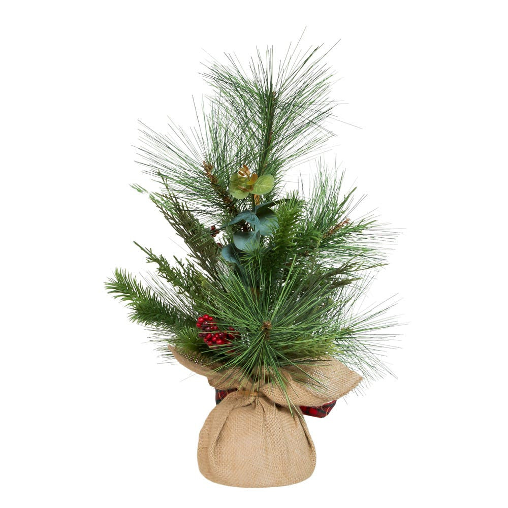 18" Un-Lit Green Tree With Berries and Plaid Ribbon