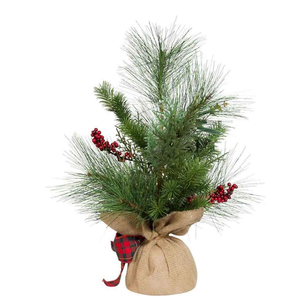 18" Un-Lit Green Tree With Berries and Plaid Ribbon