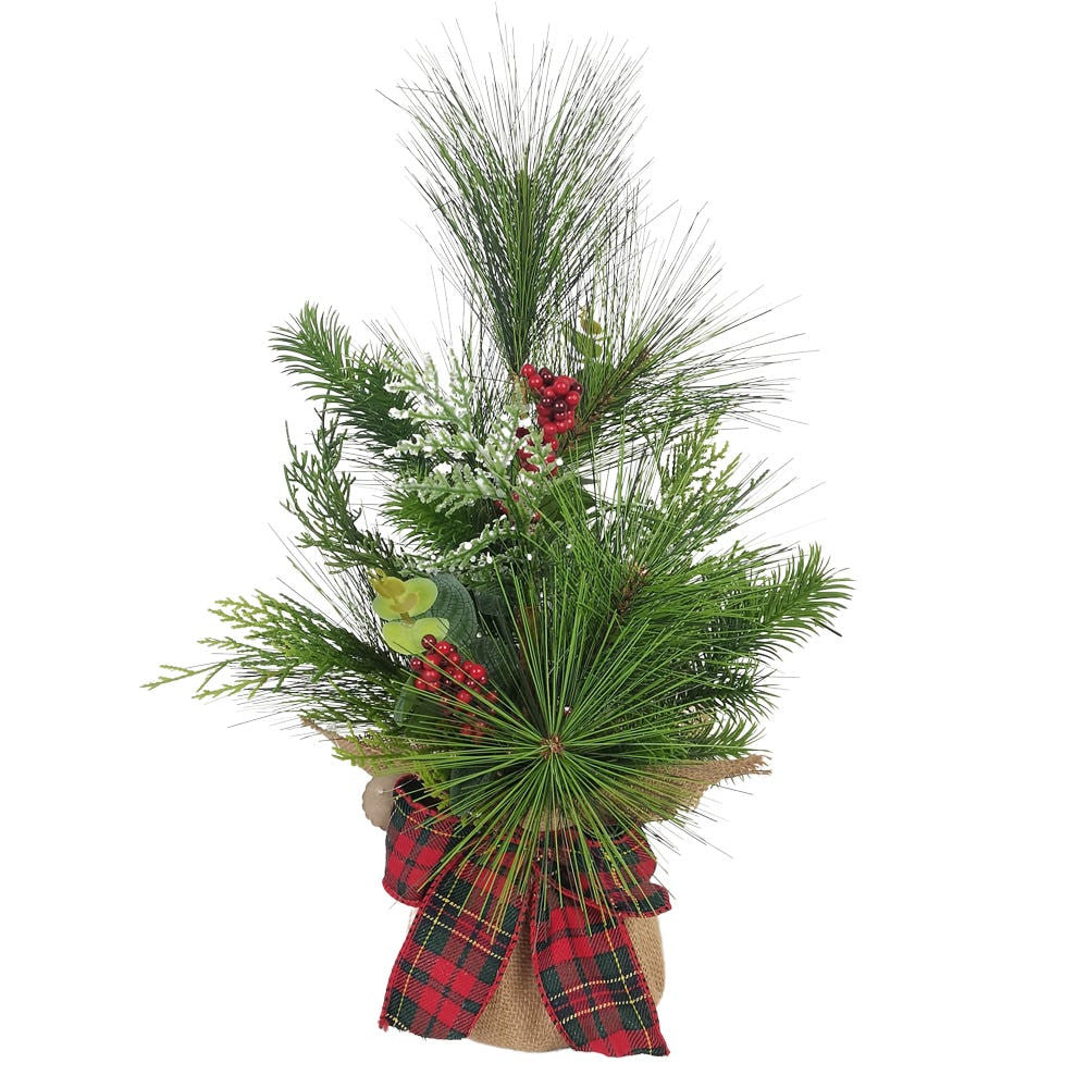 18" Un-Lit Green Tree With Berries and Plaid Ribbon