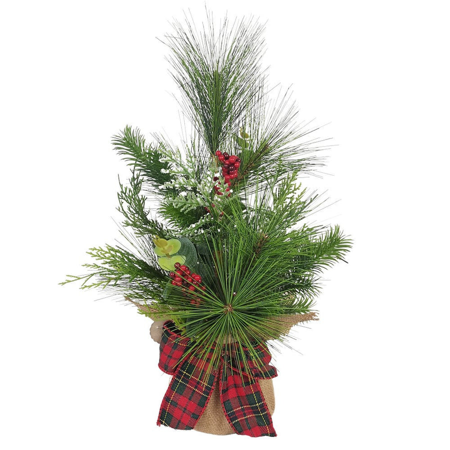 18" Un-Lit Green Tree With Berries and Plaid Ribbon