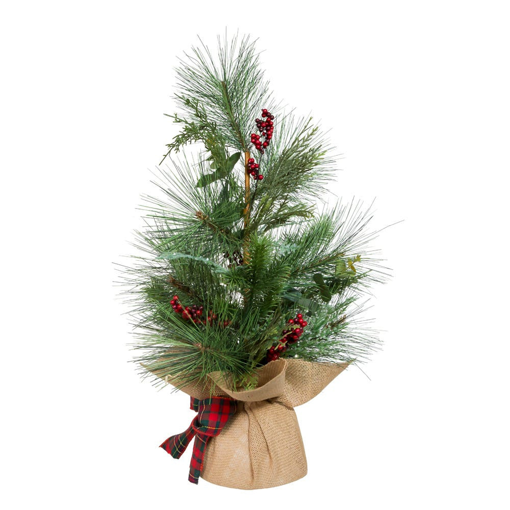 24" Un-Lit Green Tree With Berries and Plaid Ribbon