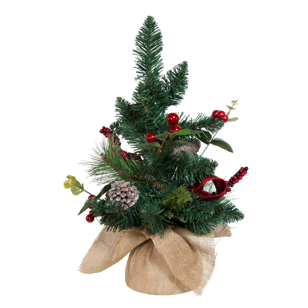 18" Un-Lit Green Tree With Berries and Pinecone Ribbon